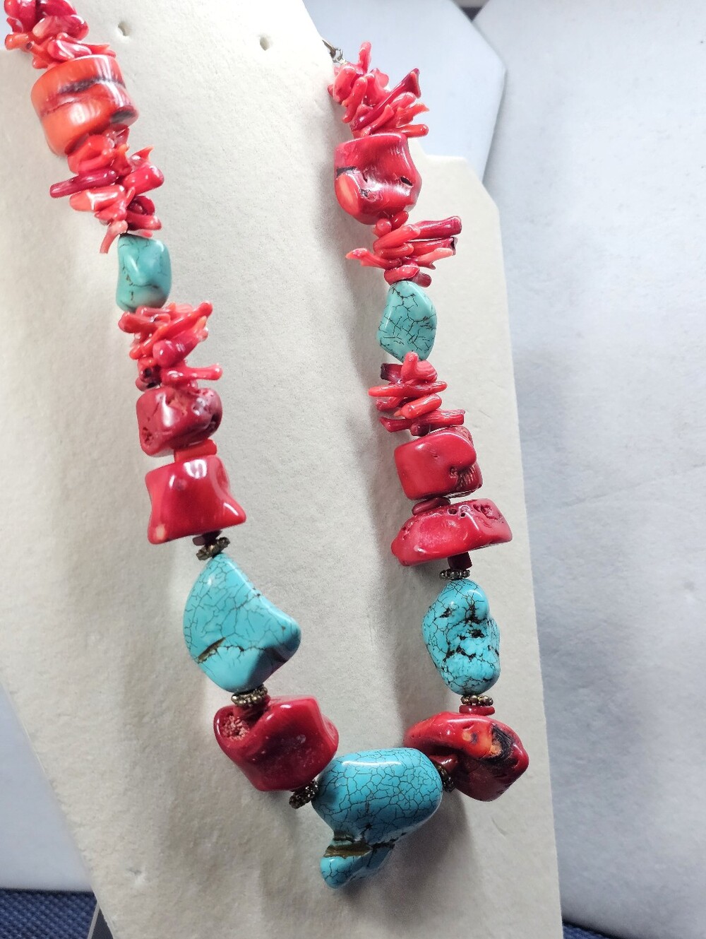 Natural Red Coral and Turquoise Bead Chunky Necklace Vintage Artisan-made